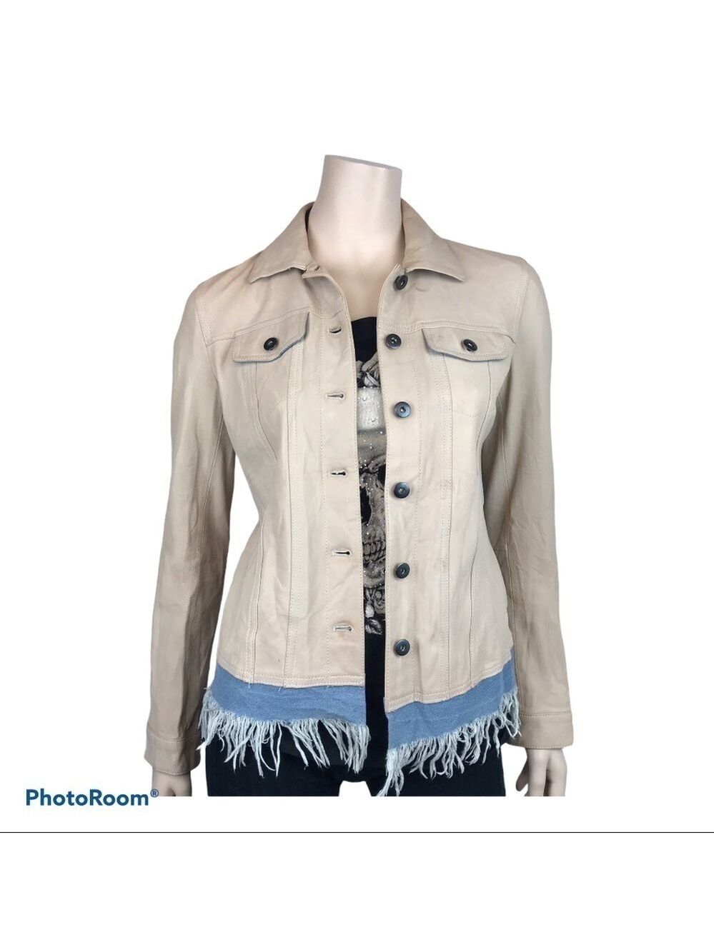 June Women's Tan Leather Jacket with Denim Trim